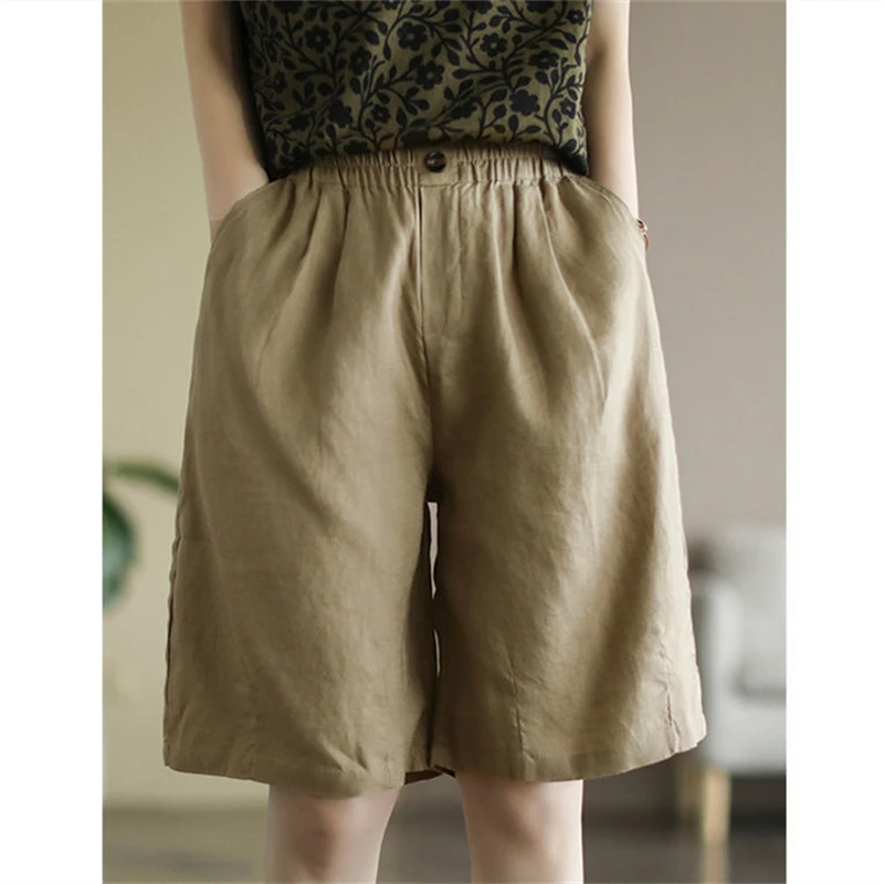 2024 Summer Women Vintage Simple Casual Cotton Linen Straight Short Pants Female Solid High Waist Pocket Loose Beach Shorts Ropa