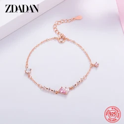 ZDADAN 925 Sterling Silver Rose Gold Asymmetric Heart Zircon Bracelet Chains For Women Fashion Jewelry