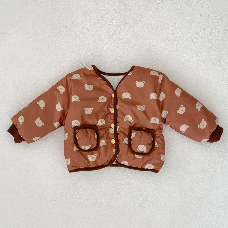 New winter baby clothing, 0-3 year old girls, cotton jacket, teddy bear print jacket+cartoon pants 2-piece set