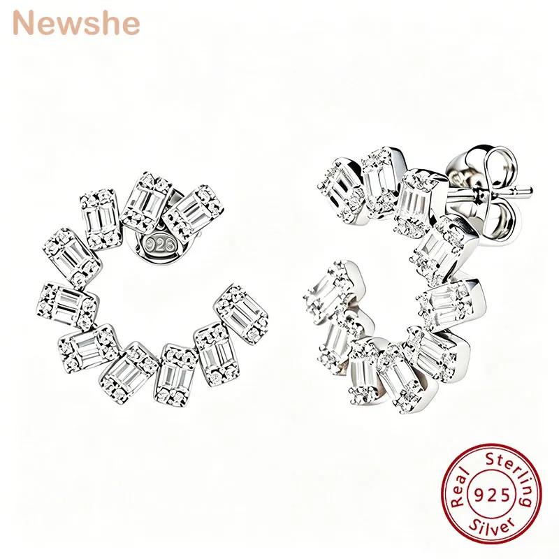 

Newshe Solid 925 Sterling Silver Stub Hoop Earrings for Women AAAAA Cubic Zircon Wedding Luxury Jewelry