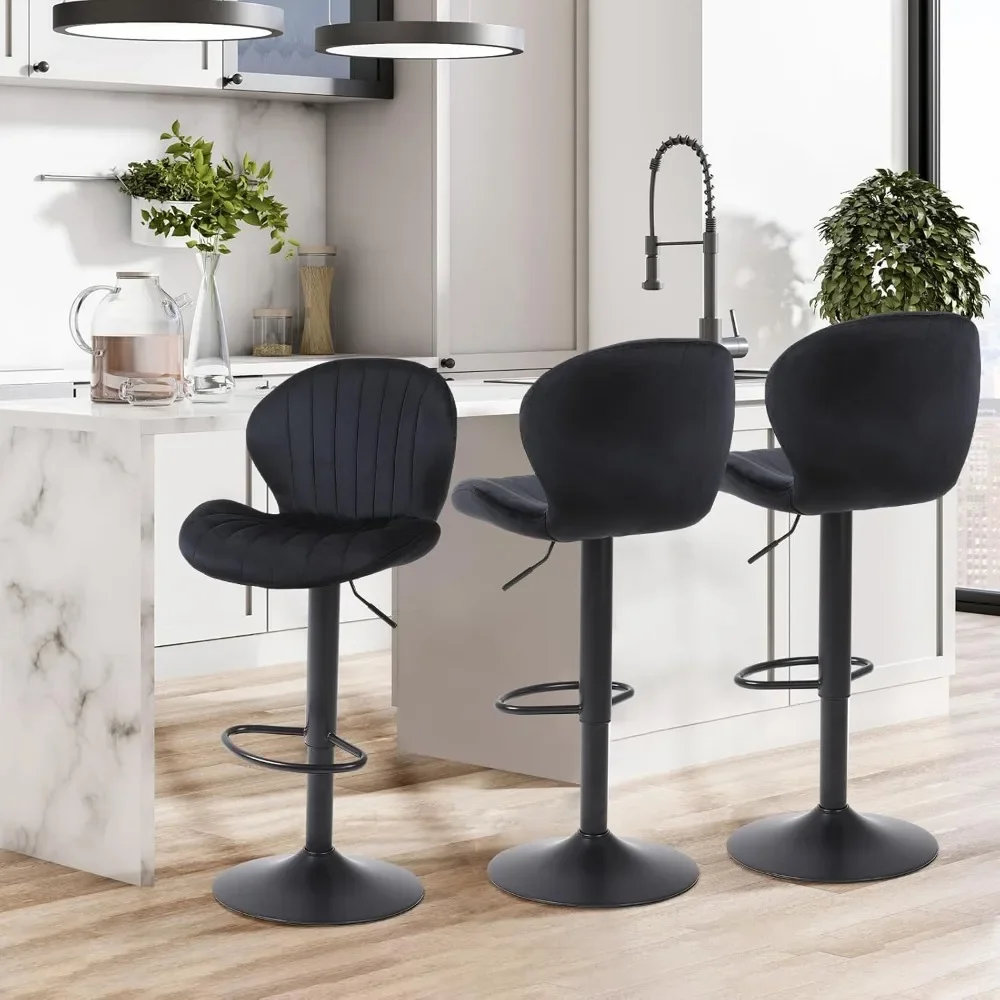 Conjunto de bancos de bar modernos de veludo com 3 cadeiras giratórias sem braços ajustáveis em altura para balcão de ilha de cozinha personalizado