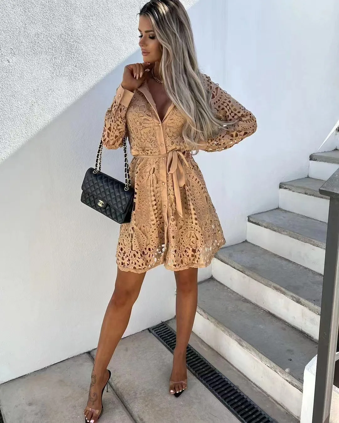 Spring Summer New Long Sleeve For Women's Dresses Fashion Lace Splicing Fashion Cutout Shirt Dress Elegant Female Sexy Vestidos