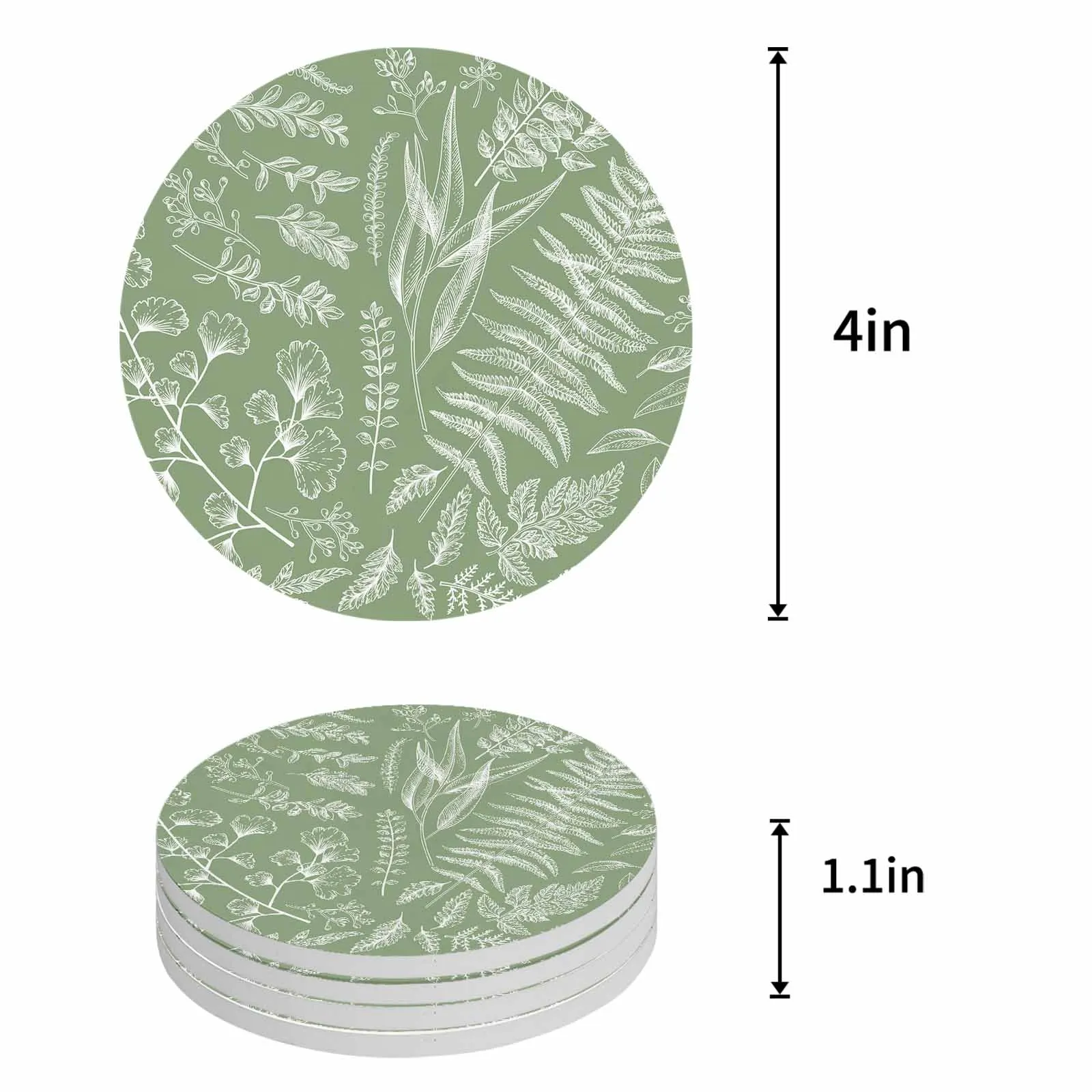 Sage Green Fern Plant Leaves Ceramic Coaster Set Kitchen Table Round Placemat Luxury Decor Coffee Tea Cup Coasters