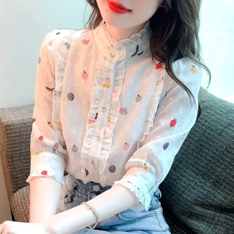 Women\'s Sweet Floral Print Chiffon Blouse, Half Sleeve Tops, Casual Clothes, Edible Tree Fungus Collar, White, Summer, 27476