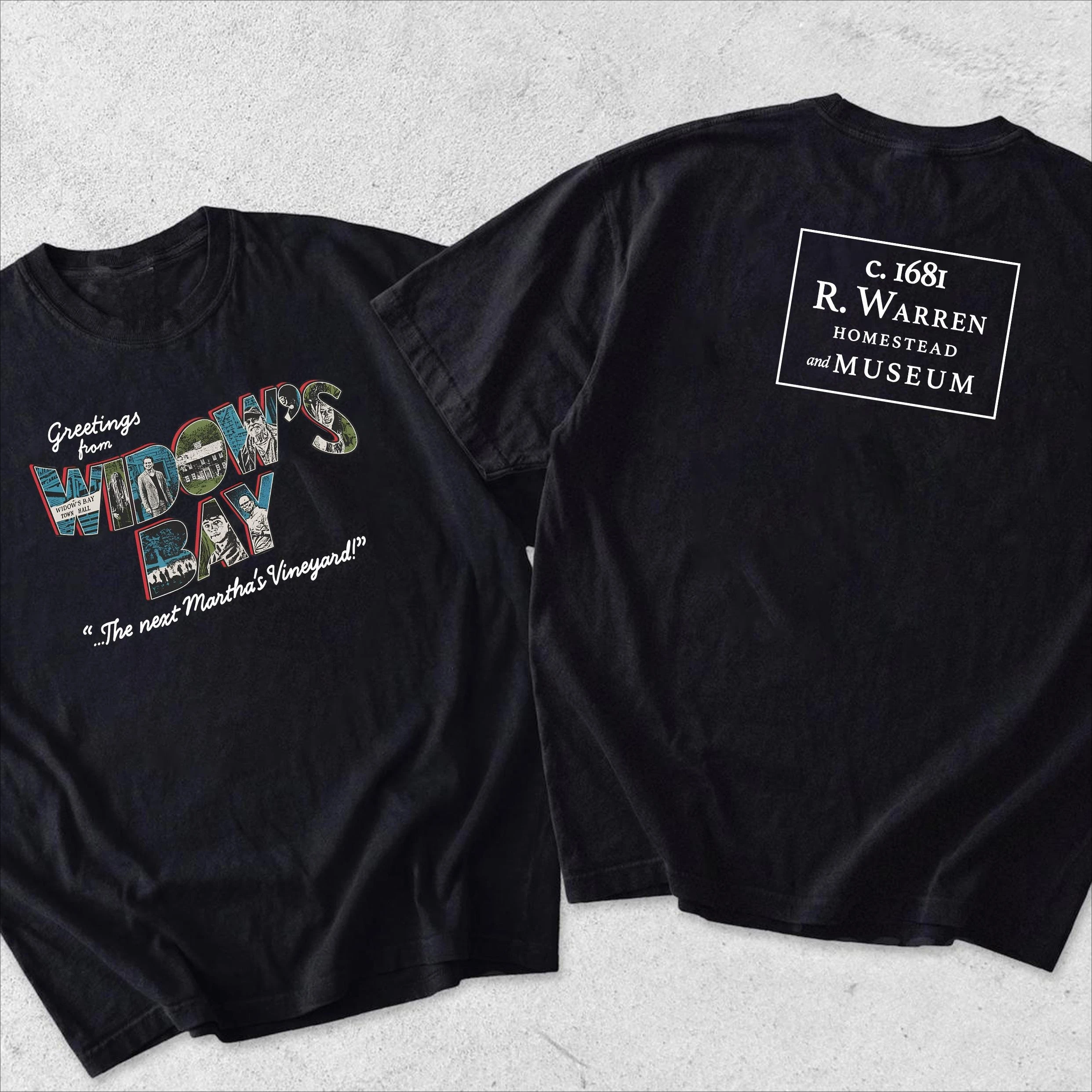 Greetings From Widow's Bay Two Sided Shirt, R Warren Homestead Museum Tee, Martha's Vineyard Mystery Town Graphic T Shirt