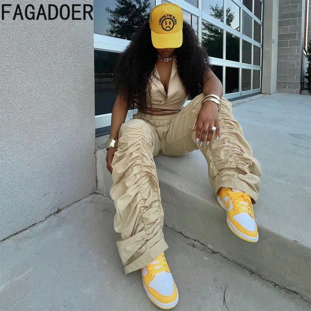 FAGADOER Autumn Winter New Streetwear Khaki Stacked Pants Baggy Cargo Pants Sweatpants Y2k Ruched Wide Leg Trousers Overalls