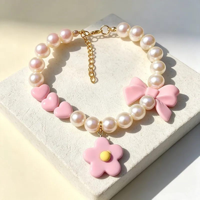 Sweet Cartoon Flower Pendant Pet Necklace Faux Pearl Bowknot Heart Beaded Collar Kitten Puppy Small Pets Accessories