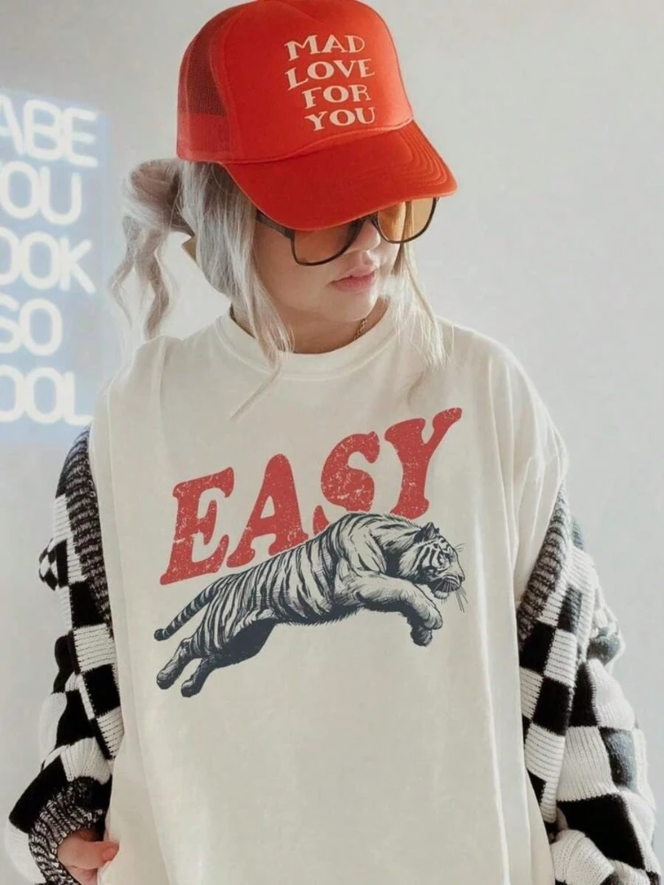 Retro Boho Easy Tiger Grafik-T-Shirt Unisex Ästhetisches Shirt Y2k Damen-Oberteil Rundhals Kurzarm T-Shirt Baumwolle Damenbekleidung – Detail 3