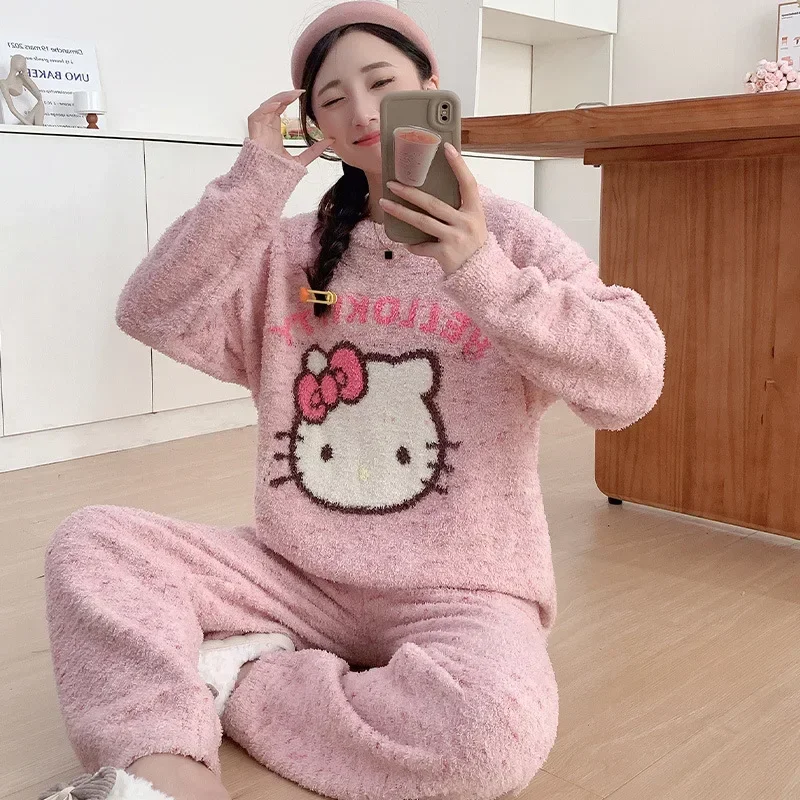 Olá kitty dos desenhos animados pijamas inverno camisola de malha conjunto de duas peças sanrio algodão olá kitty loungewear pijamas femininos