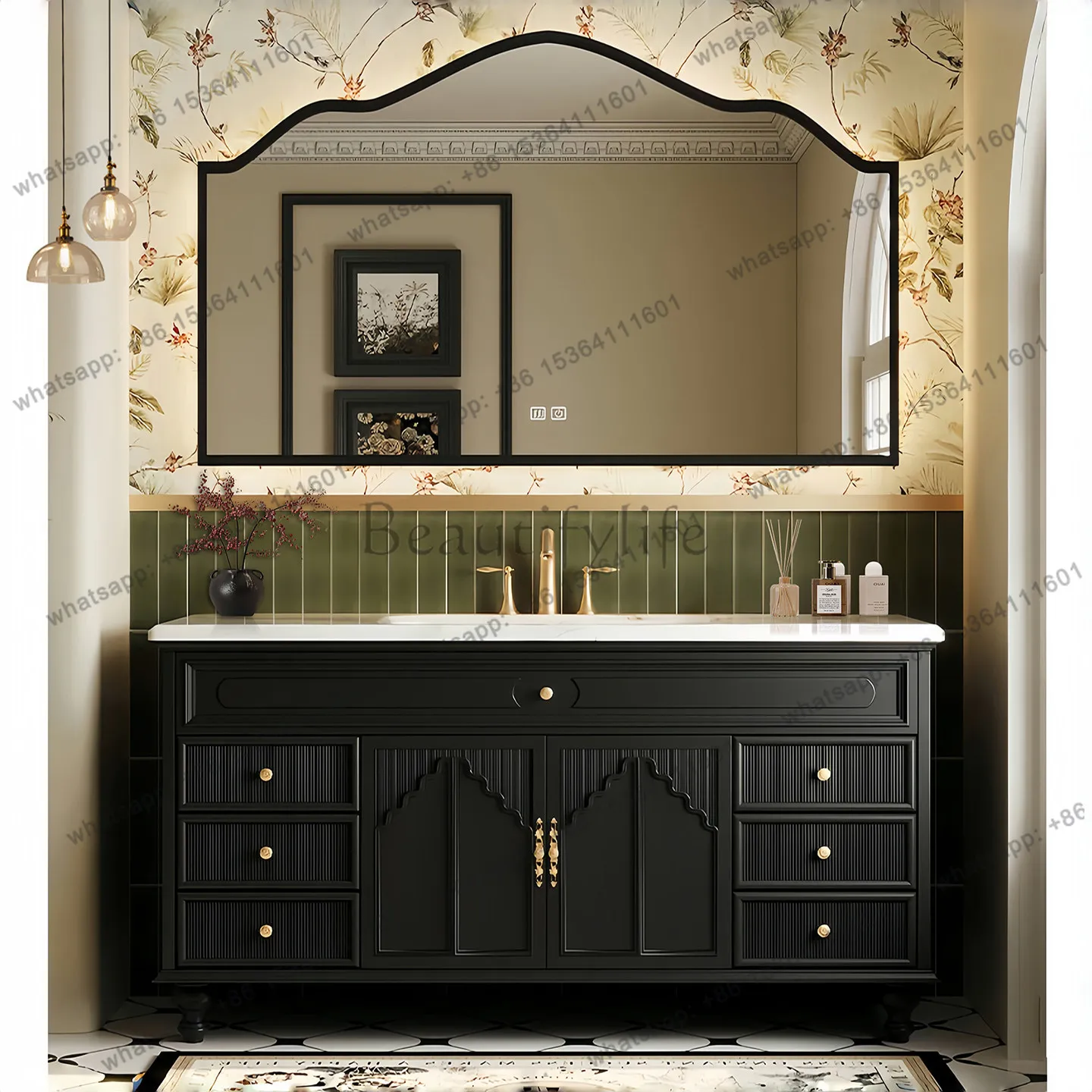 Factory Direct  French retro oak bathroom cabinet ceramic integrated basin floor-to-ceiling toilet