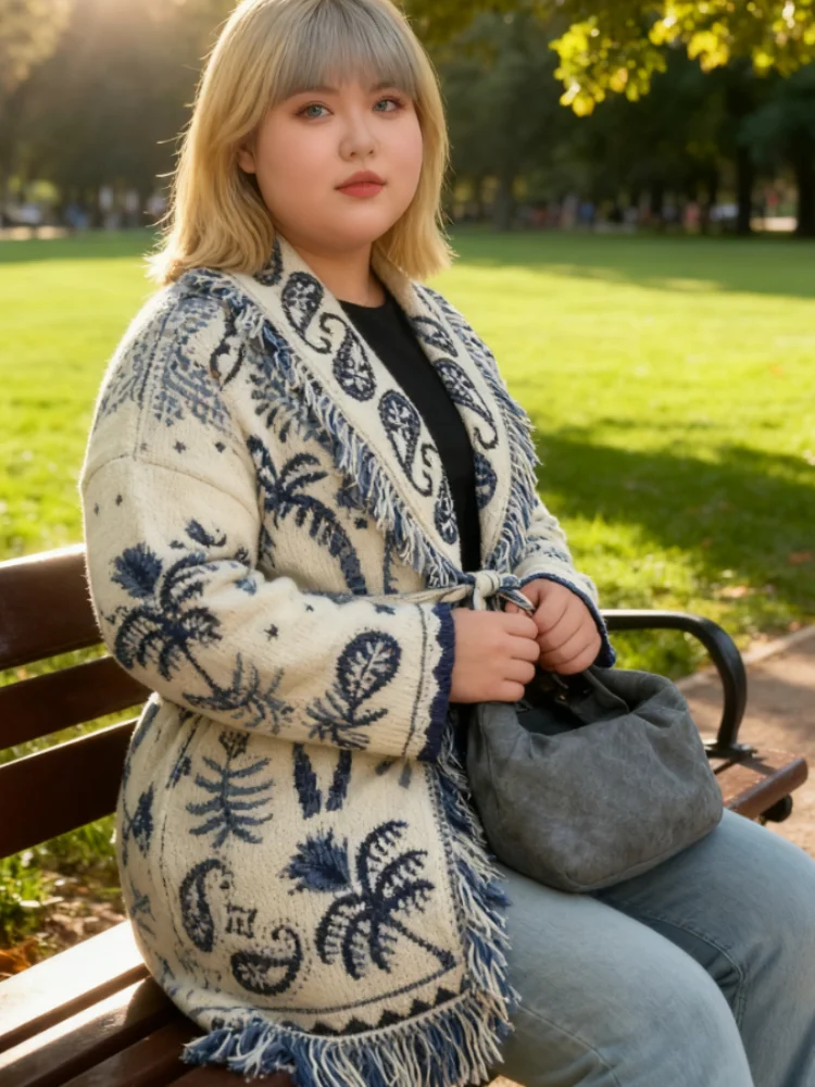 

Chic Tassel Patchwork Printed Cardigan Women Print V-neck Long Sleeve Button Knitted Sweater 2025 Autumn Daily Lady Outerwear