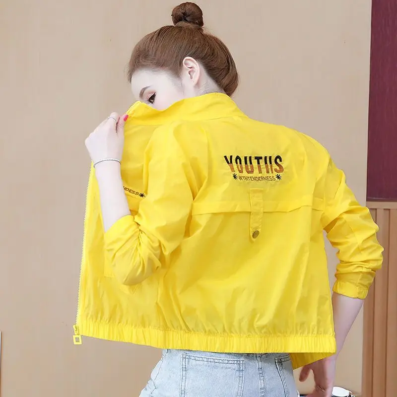 Women Thin Letter Sunscreen Clothing Cardigan Zipper Loose Korean 2024 New Summer All-match Stand Collar Long Sleeve Short Coats