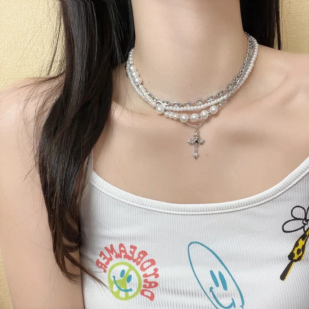 Pearl Tassel Cross Ecklace For Women Star Cross Clavicle Chain Jewelry Party Girls Accessories