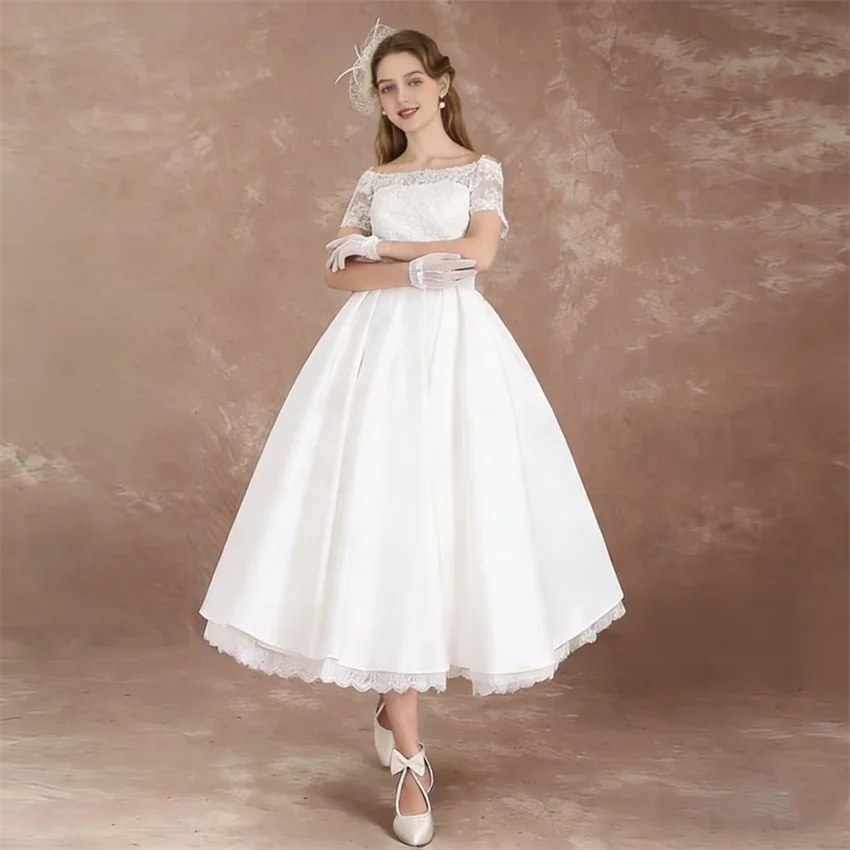 Customized Elegant Short Sleeves Midi Wedding Dresses for Women Lace Boat Neck Tea Length A-Line Bride Gowns Vestidos De Novia image 3