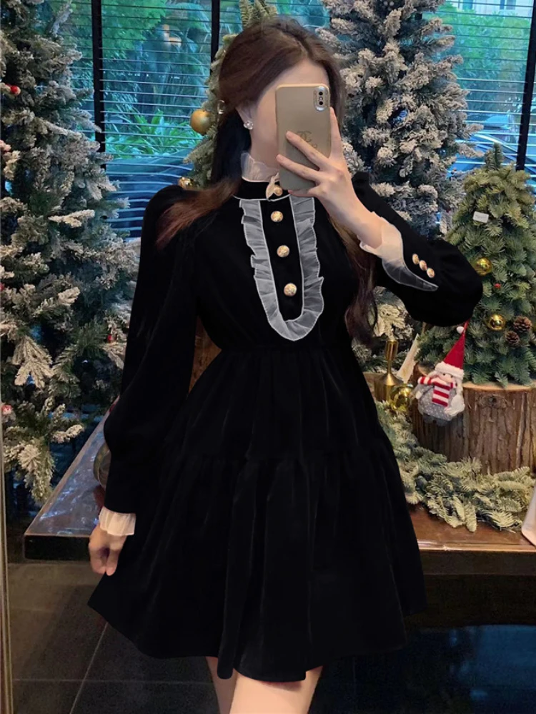 French Elegant Women\'s Black Long Sleeve Dresses Retro Lace Aesthetic Velvet Mini Birthday Dress Autumn Cute Feminine Vestidos