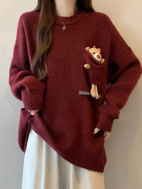 

Wine Red Knitted Bear Pattern Sweater Women's Shoulder Fit Loose Style Long Sleeve round Neck Top for Early Spring