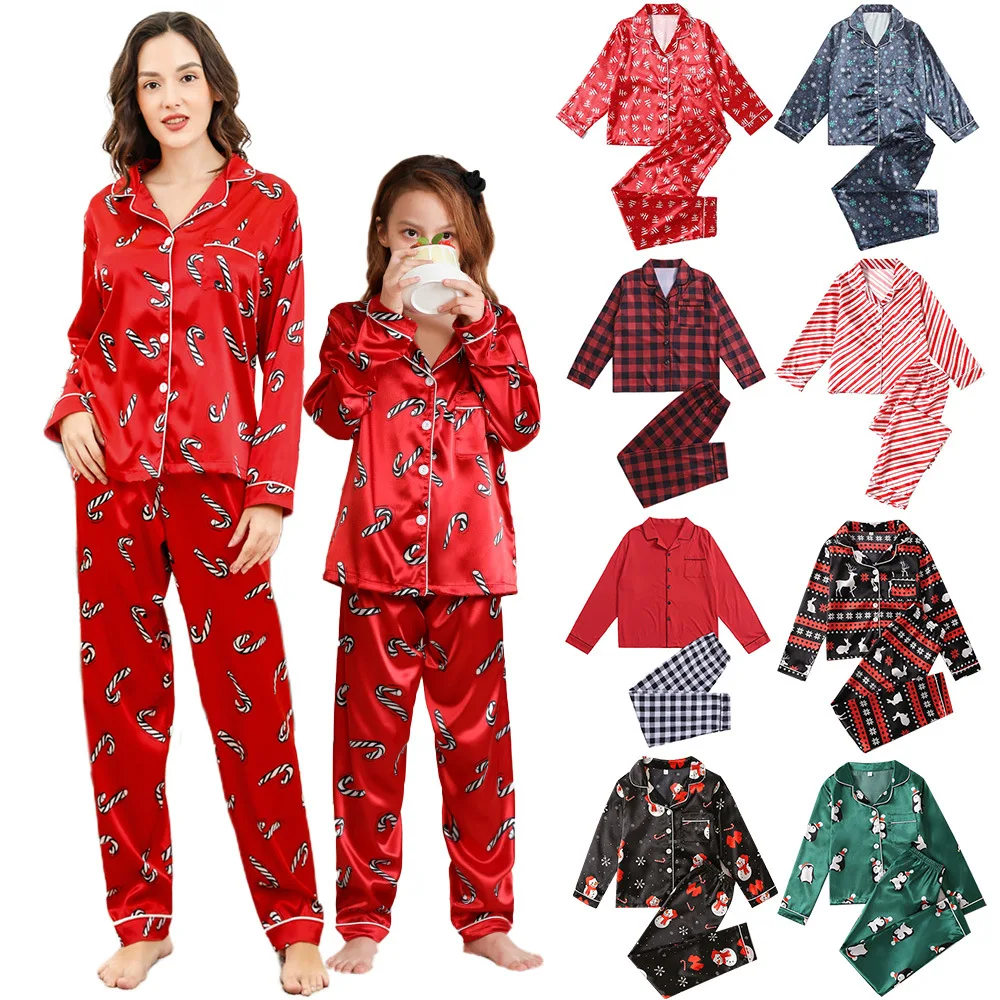 Christmas Pajamas Family Set Child Long Sleeve Pants Woman Satin Pajama Sets 2 Piece Lady Lounge Pyjamas Women Pijama Sleepwear.