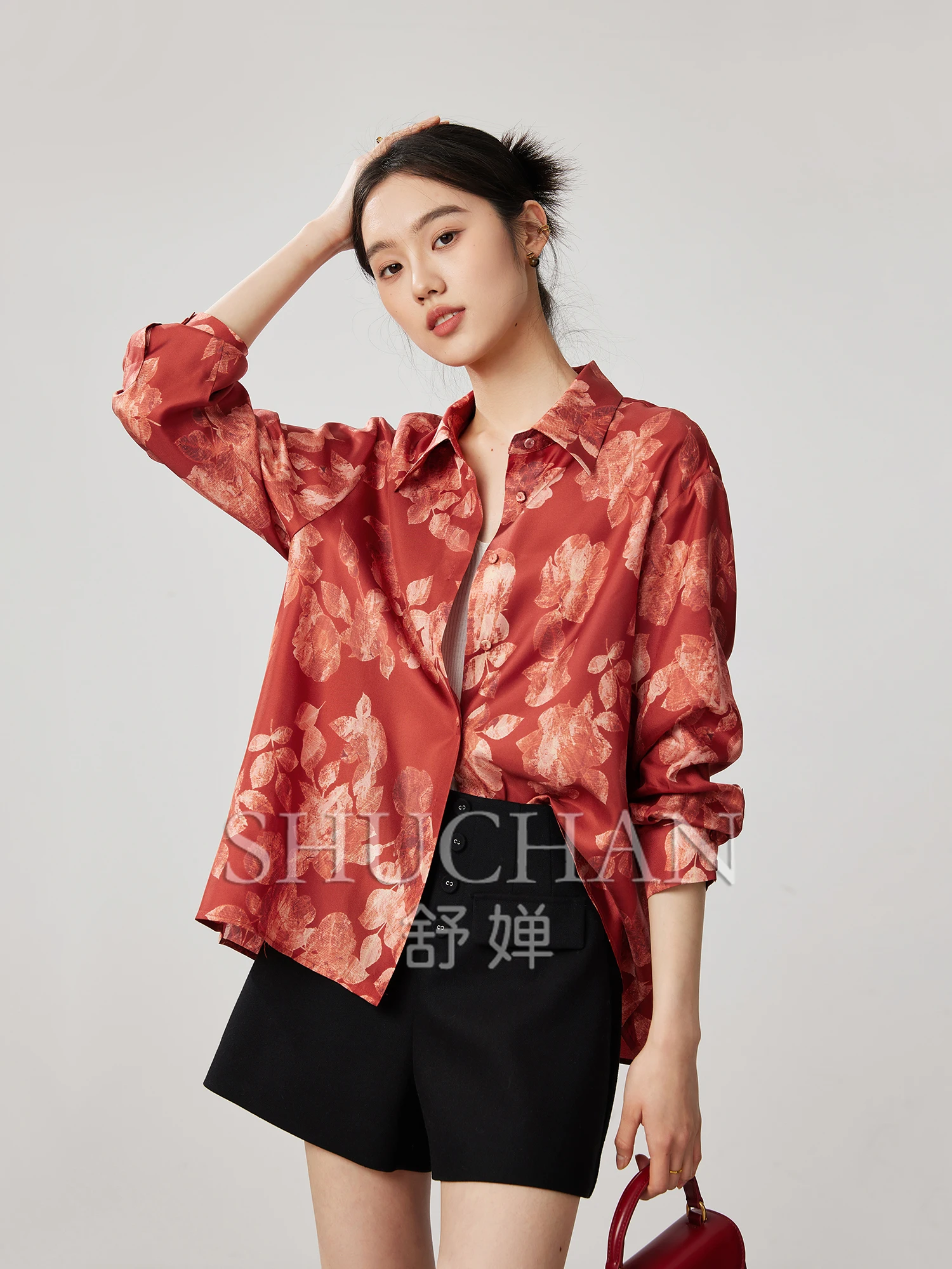 Red 19 Mmi Twill Silk Printing Loose Shirt Women Retro Blouse  Korean Shirt Women 2025 New Fashion