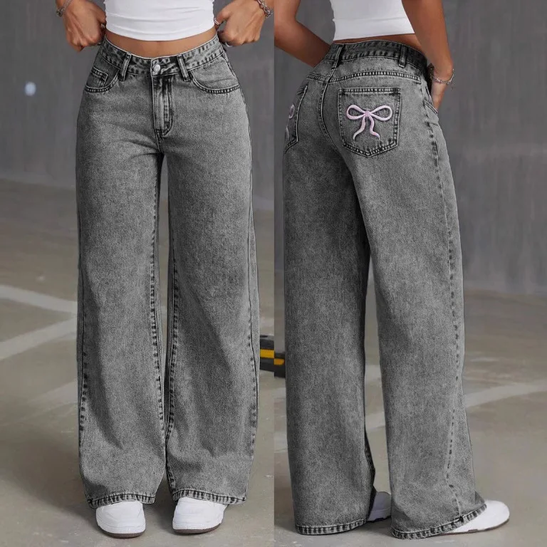 High Waist Straight Leg Denim Jeans Women's Sweet Spicy Style Embroidered  Knot Loose Long Trousers