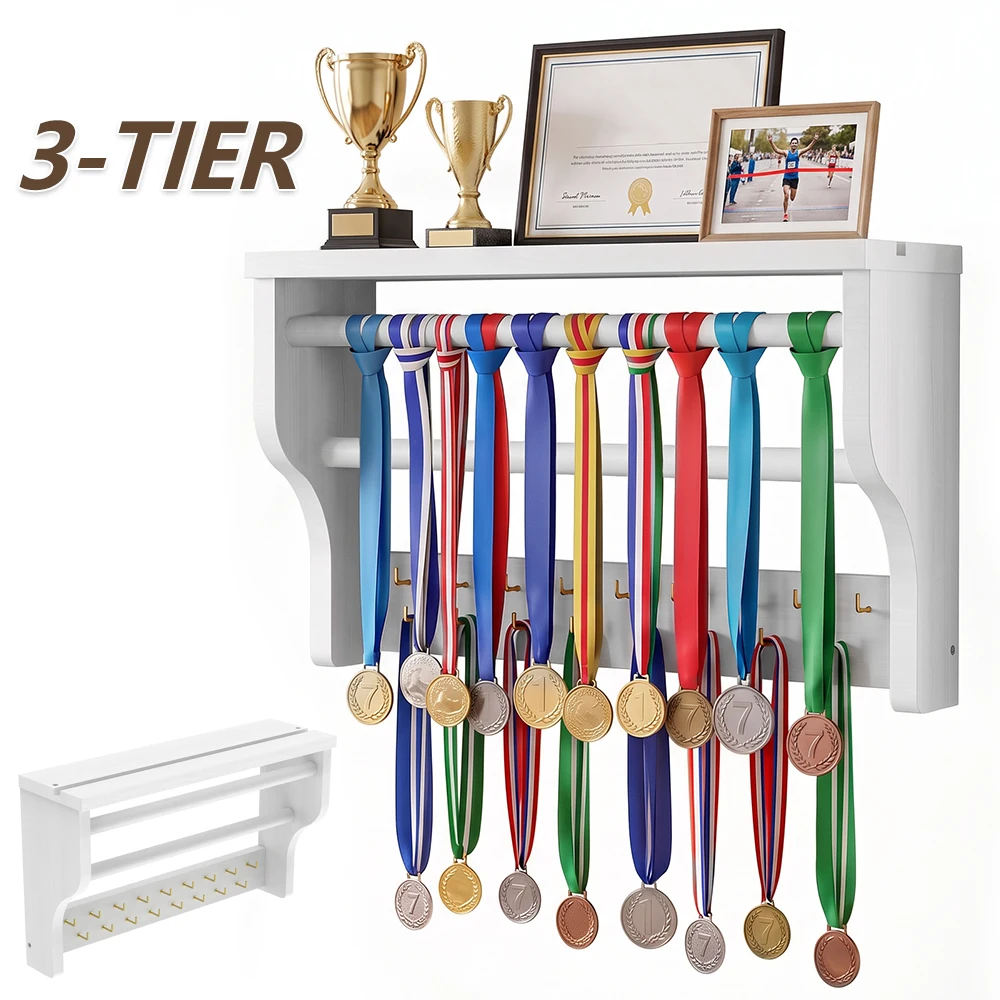 3-Tier Medal and Trophy Display Shelf Wooden Large Capacity Medal Hanger Wall Mounted Trophy Storage Rack for Home Decoration