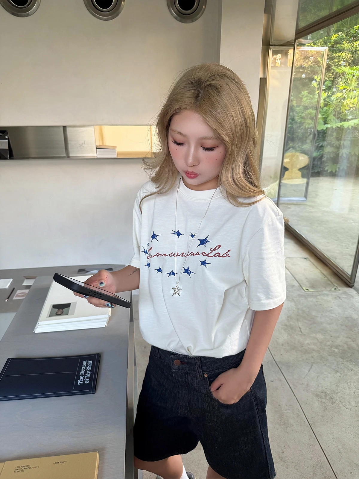 Loose Fit Sakura Star Hand-Drawn Print Cotton T-Shirt round Neck Short Sleeve Women's Summer Fashion Japanese Style Top