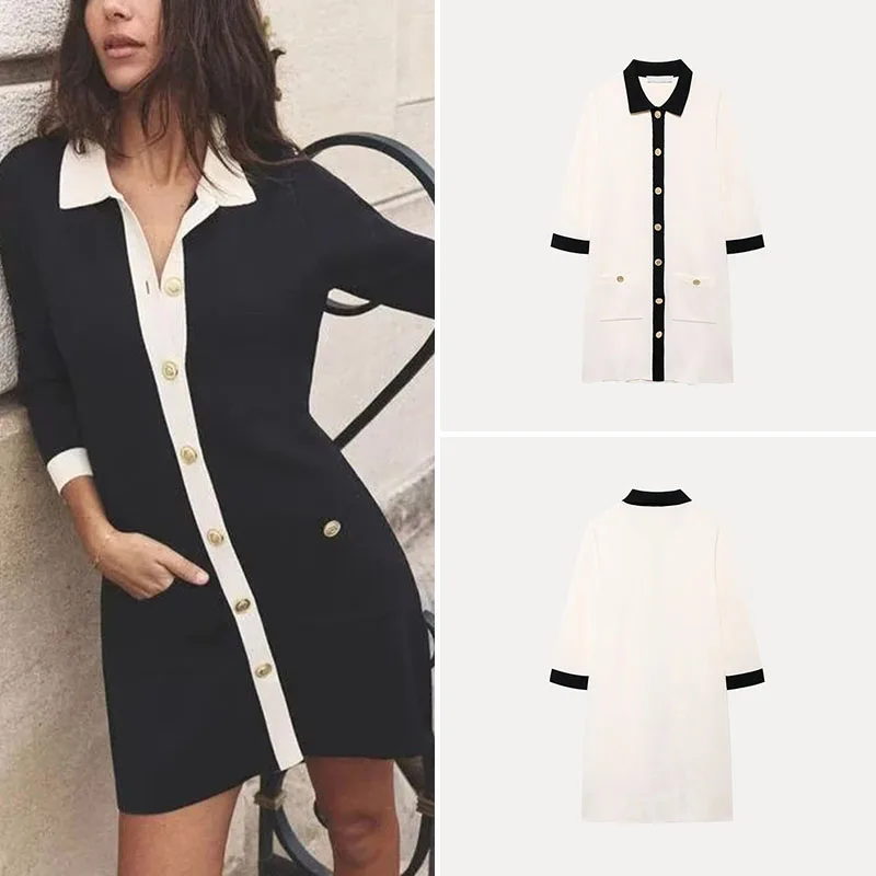 Golden Button Knitted Dr Collared Spring Women's Sle 8220 Z Premium Polyester Fiber Ele Faionable Dr