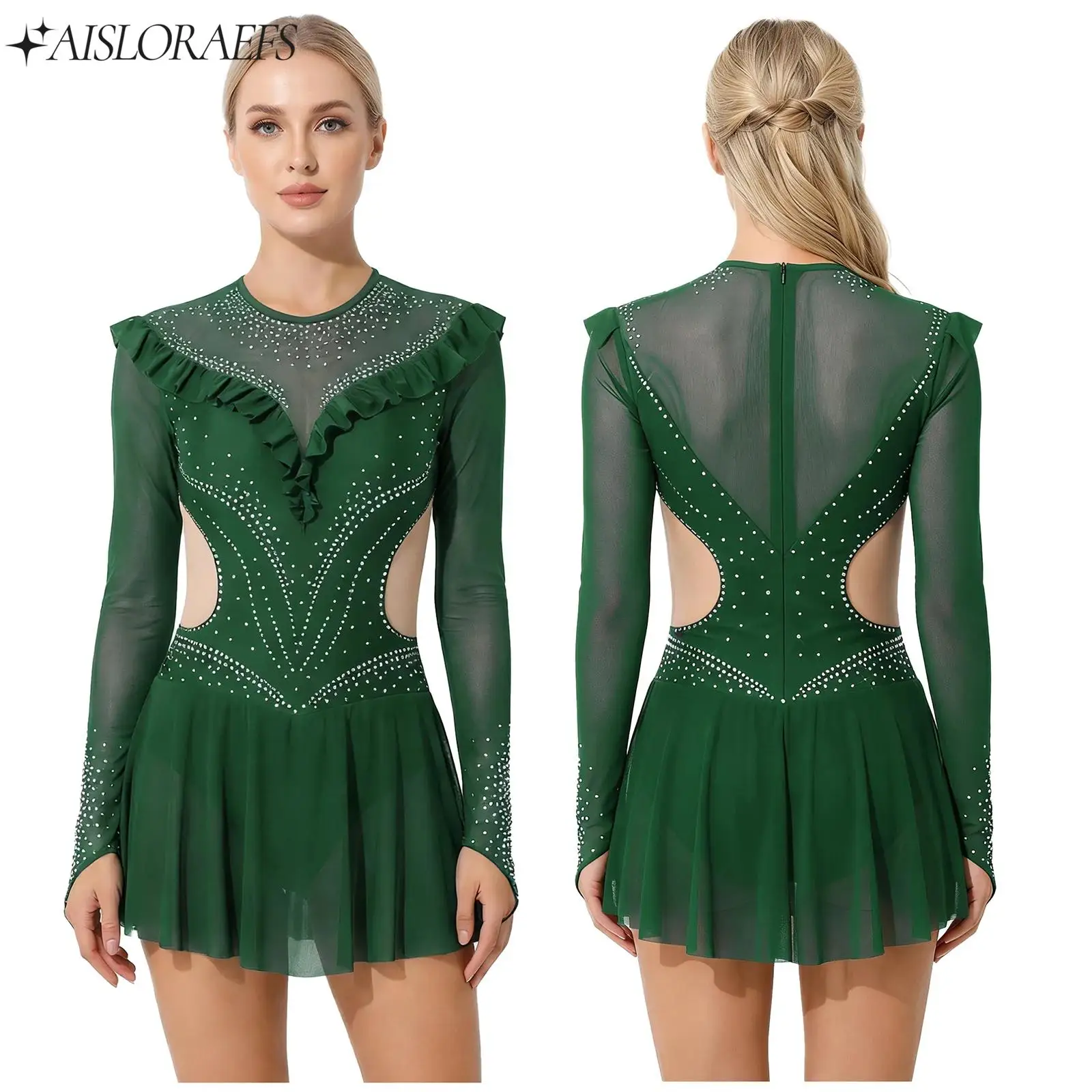 

Women Latin Dance Leotard Dress Rhinestone Mesh Ruffled Trims Leotard Jumpsuit for Ballet Lyrical Gymnastics Skating Performance