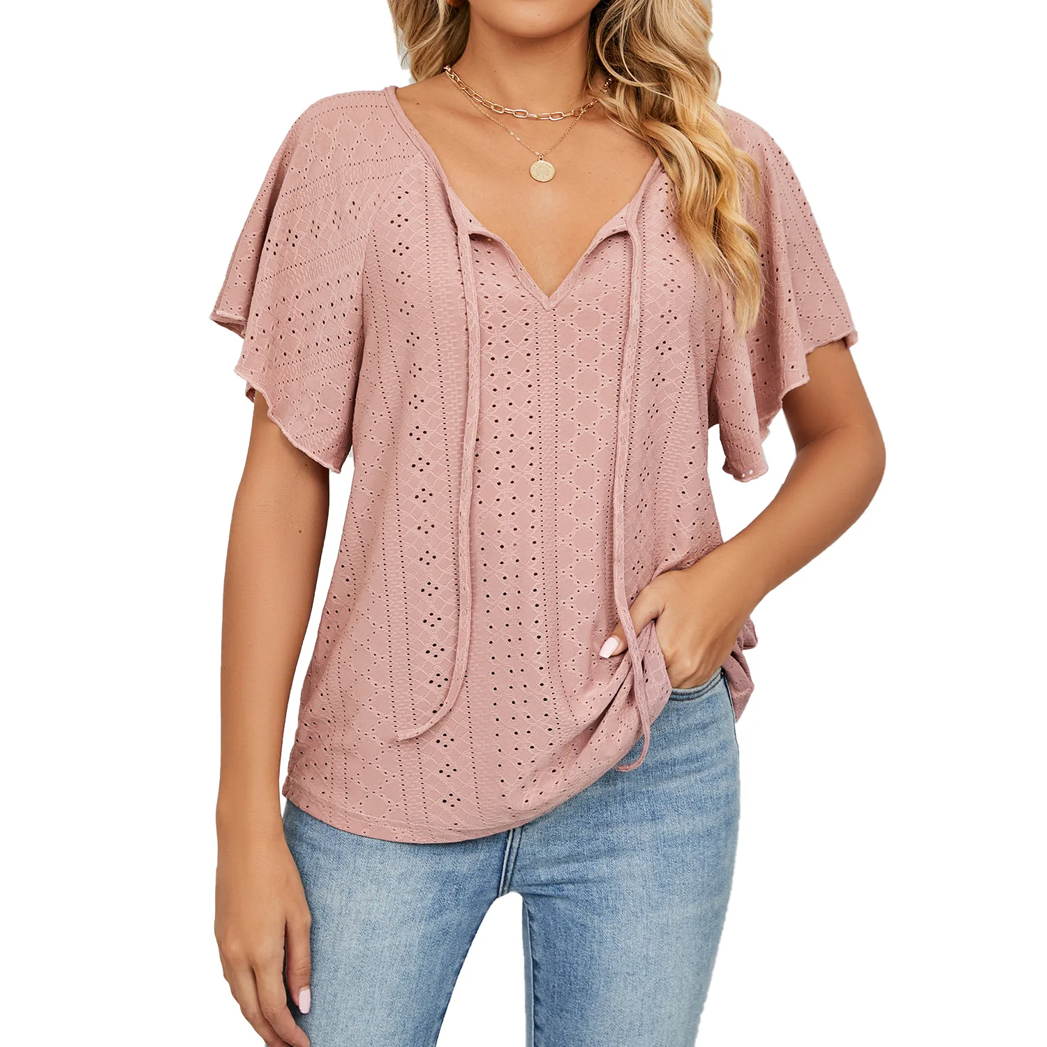 

New Solid Color V-neck Lace-up Short-sleeved Loose T-shirt Top for Ladies