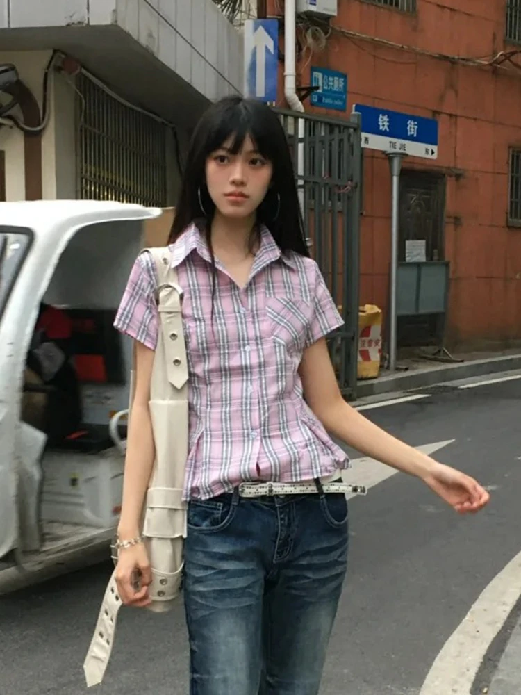 Tonngirls American Retro Plaid Shirt Women Short Sleeve Slim Shirt And Blouse Streetwear Y2k Vintage Tops Japanese 2000s Tshirts image 5