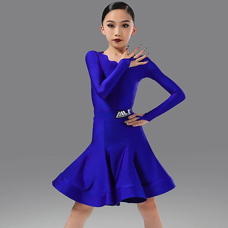 

Blue Wave Neck Latin Competition Dress ChaCha Modern Stage Costume Rumba Samba Dancer Performance Suit Bodysuit Skirt YS5122