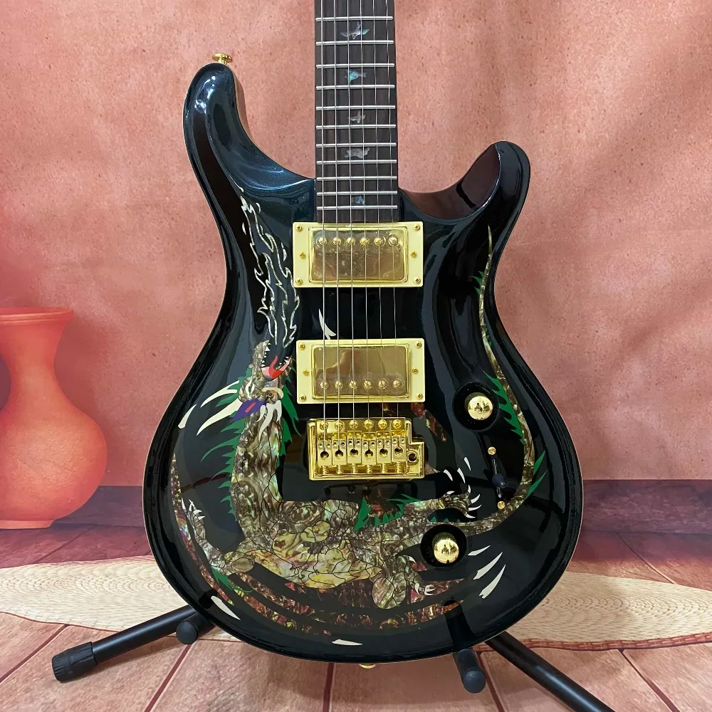 Best-Selling Handcrafted Gradient 6-String Electric Guitar with Glossy Black Finish Artistic Dragon-Pattern Inlays and Solid Wood Body—Ideal for Professional Performance and As A Gift