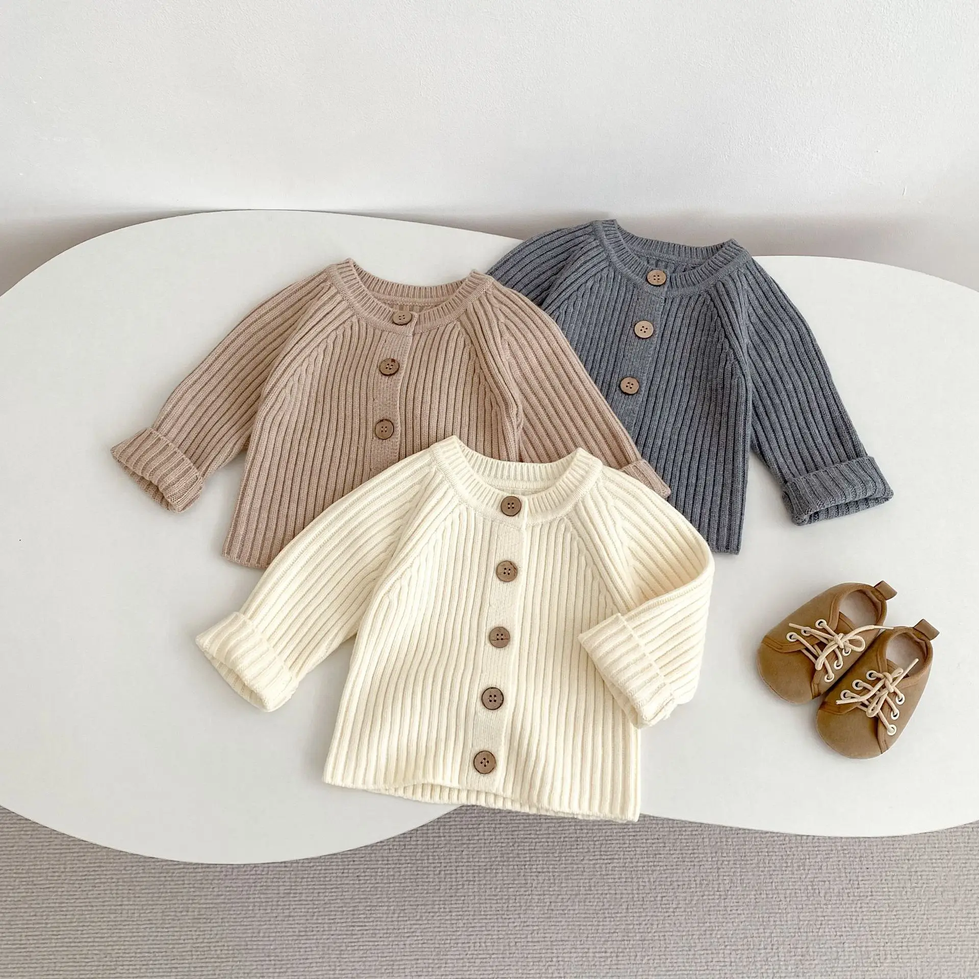 

2025 Autumn New Baby Long Sleeve Knit Coat Solid Girls Sweater Cardigan Toddler Boys Thick Knitted Jacket Cotton Infant Clothes
