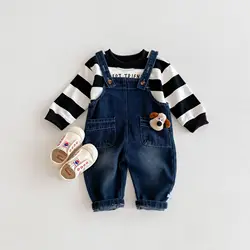 Autumn Korean Baby Boys Suspender Pants Denim Cartoon Dog Pocket Infant Boys Overalls Loose Versatile Toddler Boys Outfits