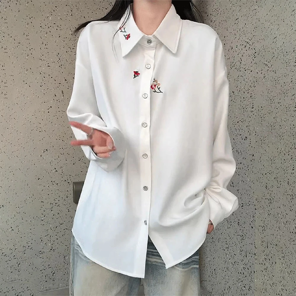 

2026 Summer New Unisex Embroidered Long-Sleeved Shirt Retro Fashion Trendy High Street Loose Casual Breathable Niche Neutral Top