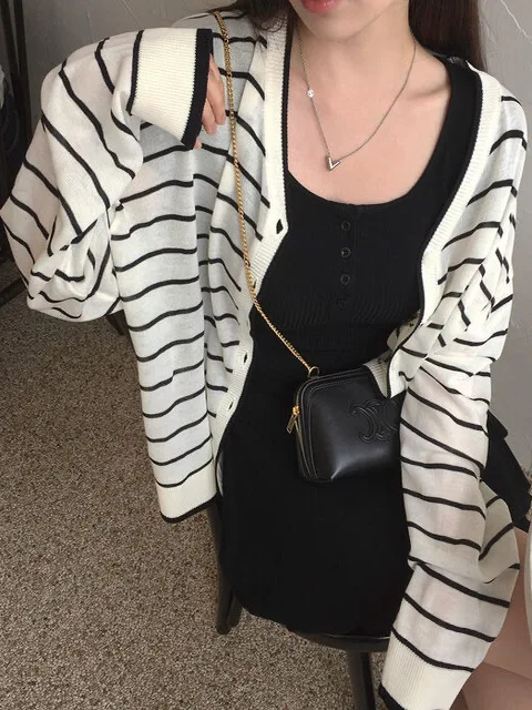 

Ранняя осень, длинный вязаный кардиган све, женский свободный крой, полосатый дизайн, сенсационная верхняя одежда, корейский Sle College Sle