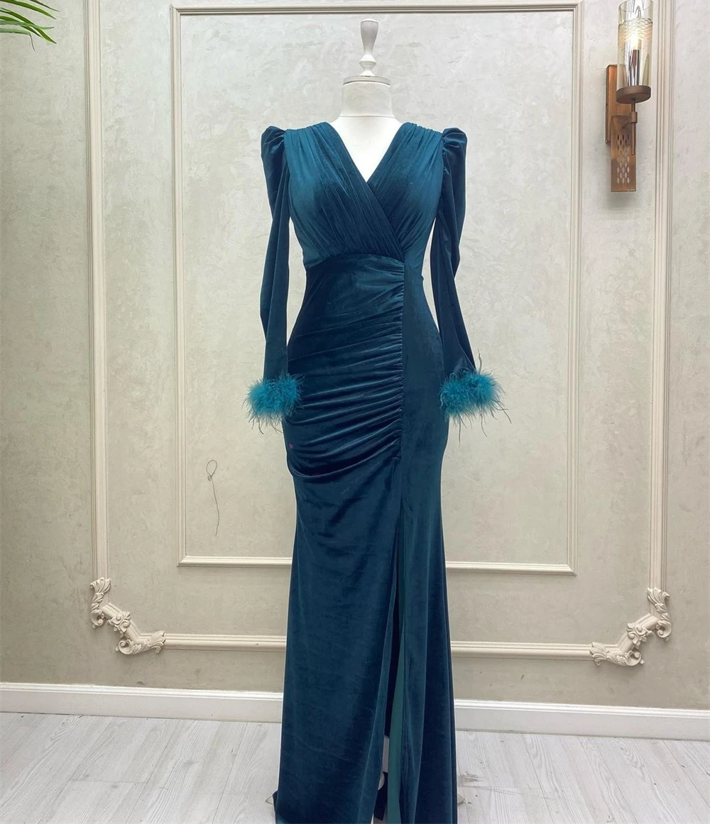 

Customized Exquisite V-neck Sheath Celebrity Cocktail Fold Draped Feathers S birthday dress for women robe soiree فستان