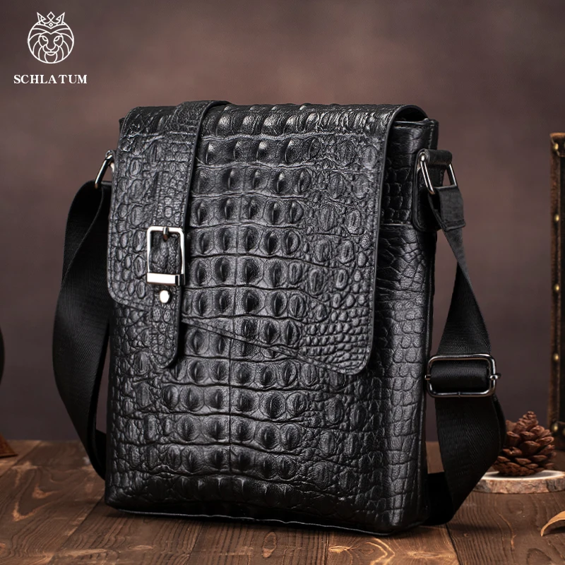 SCHLATUM Genuine Leather Men\'s Crocodile Pattern Shoulder Bag Fashion Men Messenger Chest Bag Vintage Crossbody Travel Bag