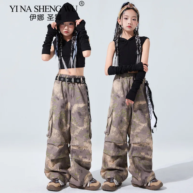 

Укороченный топ в стиле хип-хоп для девочек, брюки-карго, комплекты одежды, модная толстовка с капюшоном для уличных танцев, крутая одежда, групповая уличная одежда, джазовые сценические костюмы