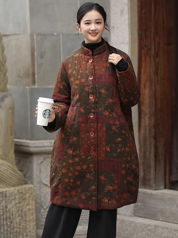 

100% Cotton Thick Warm Quilted Coats Women New 2025 Winter Vintage Style Floral Print Loose Female Casual Long Jackets M2067