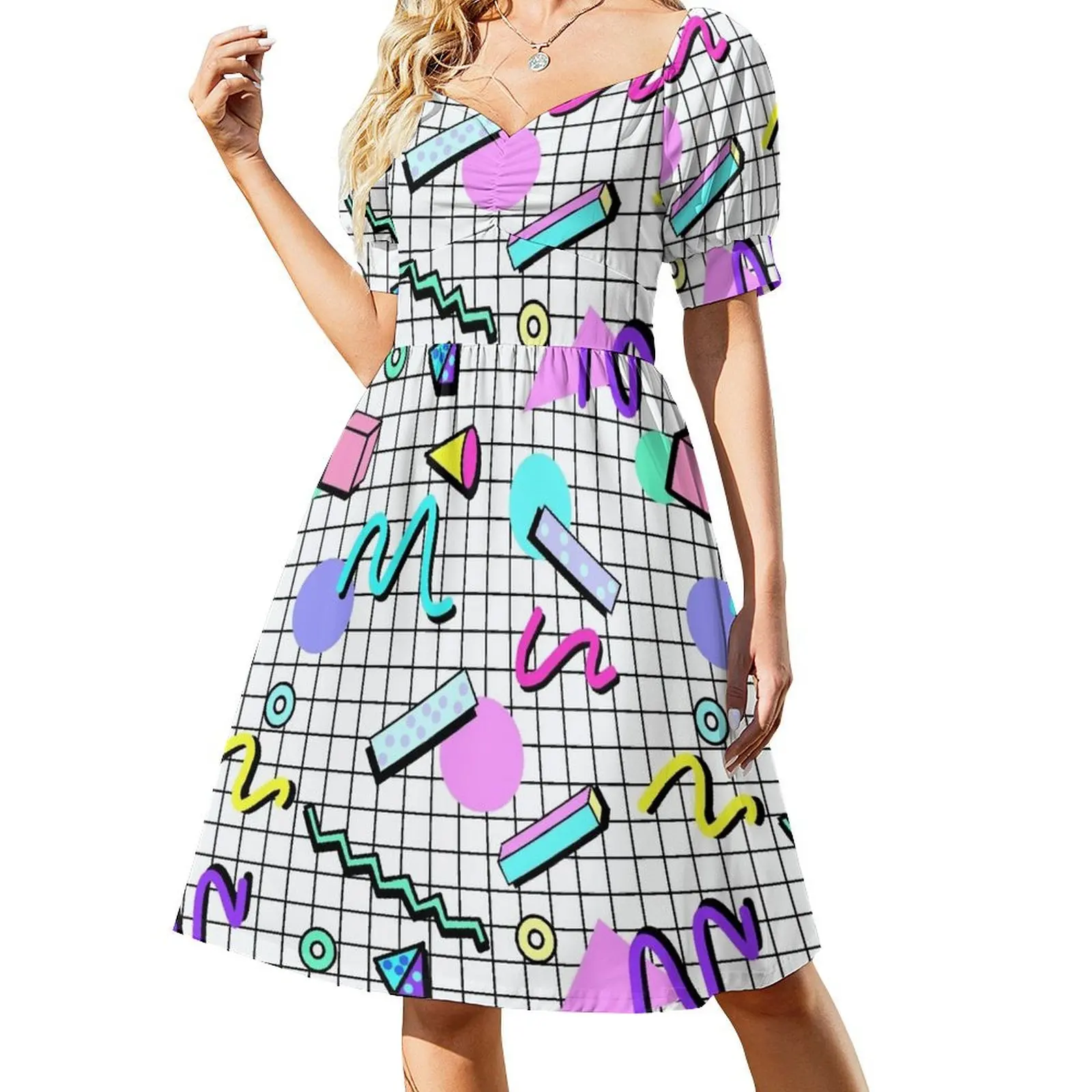 

80s Retro Party Grid Design (White BG) Short Sleeved Dress dress womans clothing Women's summer suit Women's clothing Dress