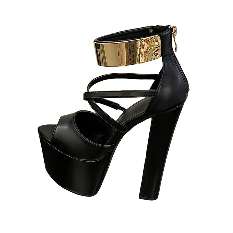 

Woman High Heels Dance Shoes Black Platforms Sandals Sexy Belt Cross Chunky Shoe 16cm Gladiators Heels Summer Sandals
