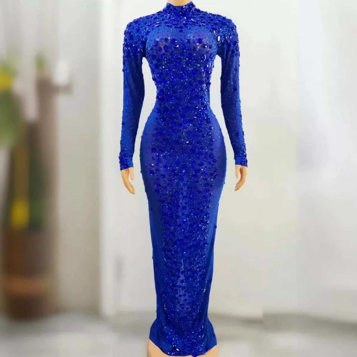 

Sexy mesh hot diamond dress hollow perspective slim dress evening dress stage performance
