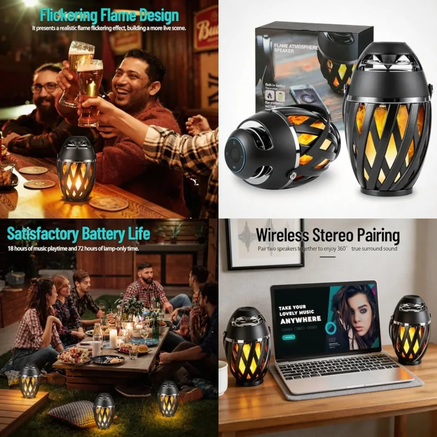 

Outdoor Bluetooth Speakers Waterproof Wireless, Birthday Gifts for Men Dad, LED Flame Ambient Light, Camping Patio Accessories,