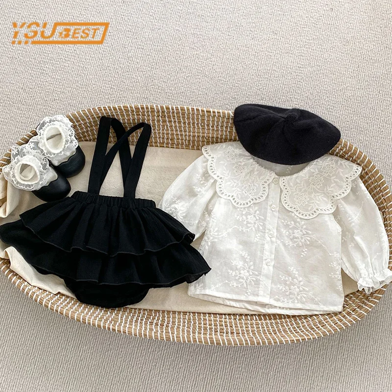 Infant Baby Girls Long Sleeves Solid Color Shirt + Braces Pants And Hat Clothing Set 3Pcs Spring Kids Baby Girls Children\'s Suit