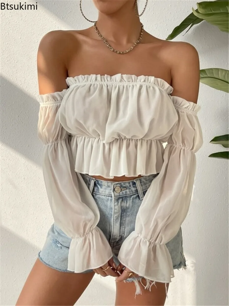 

Новинка 2026: Женская сексуальная блузка с открытыми плечами, однотонная белая рубашка с длинным рукавом, пышными рукавами, оборками, укороченная туника, летний топ-бандо