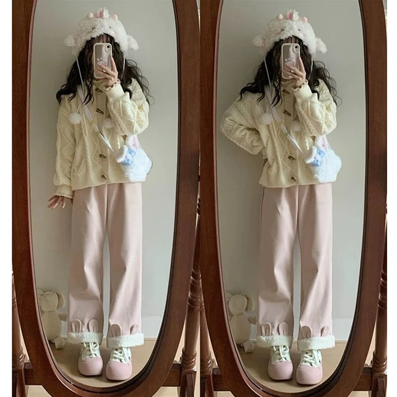 Pantaloni dolci Kawaii da donna soffici orecchie di animali decorazione pantaloni casual Y2K dolce estetica Harajuku sottocultura pantaloni autunnali