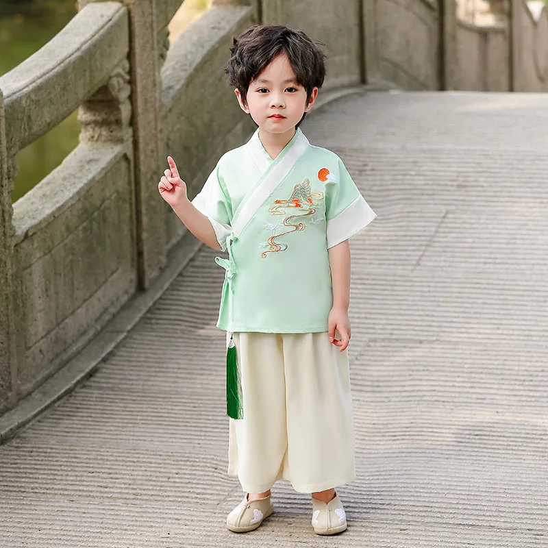 Cute Boy And Girl Ancient Chinese Hanfu Suit Vinatge Traditional Dance Perform Costume Kids Martial Arts Student Uniform Cosplay
