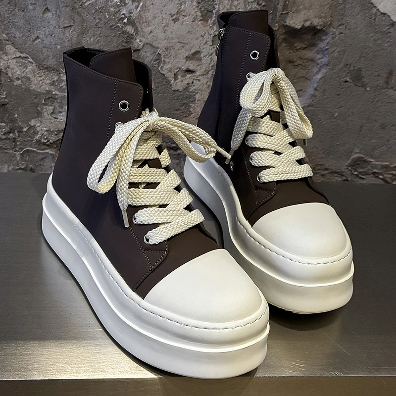 Men Thick Soled High Top Casual Board Shoes with Side Zipper Lace Up Color Blocking Height Increasing Street Fashion Boots