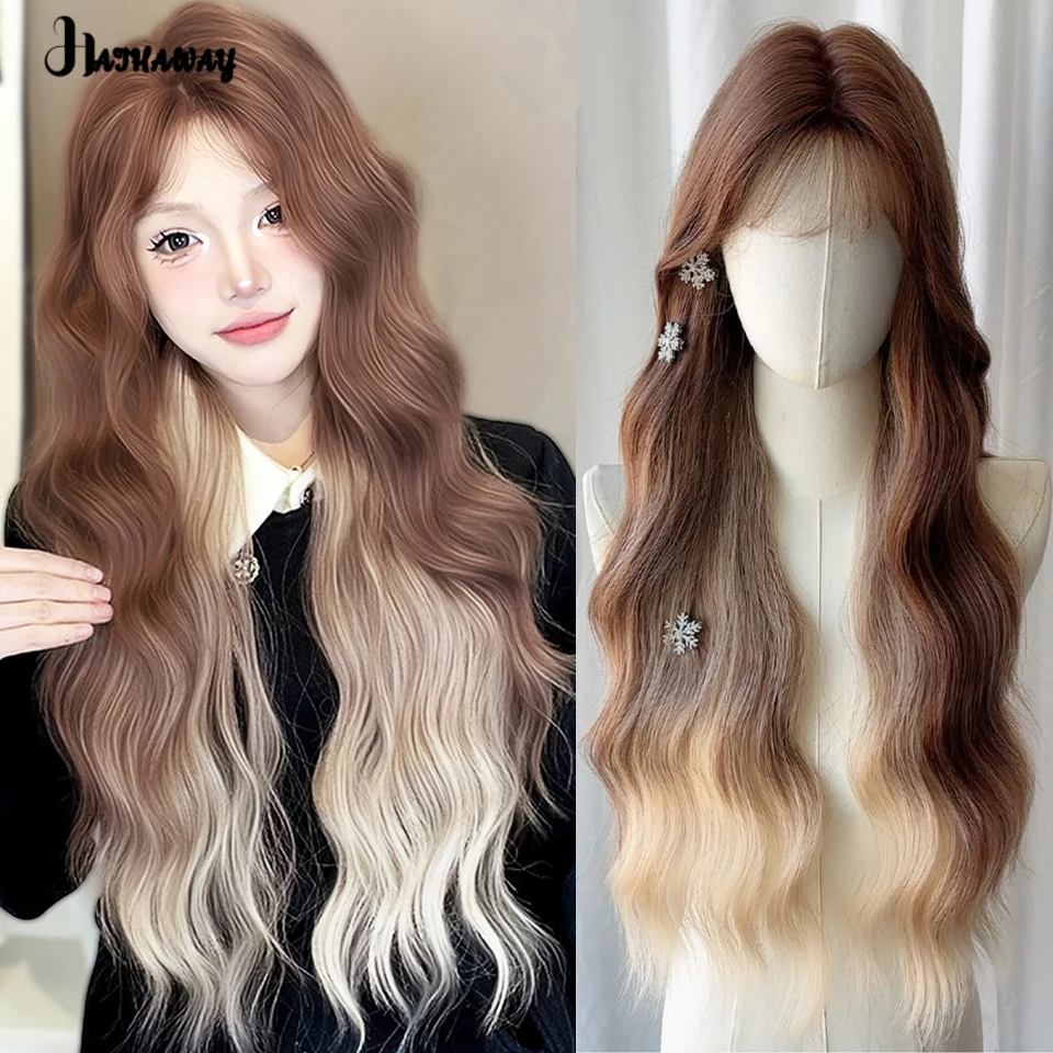 Testa peruca gradiente de renda feminina, cabelo longo sintético, pontos glamorosos, pintura parisiense, tingido ondulado, cabelo longo encaracolado, cabeça cheia