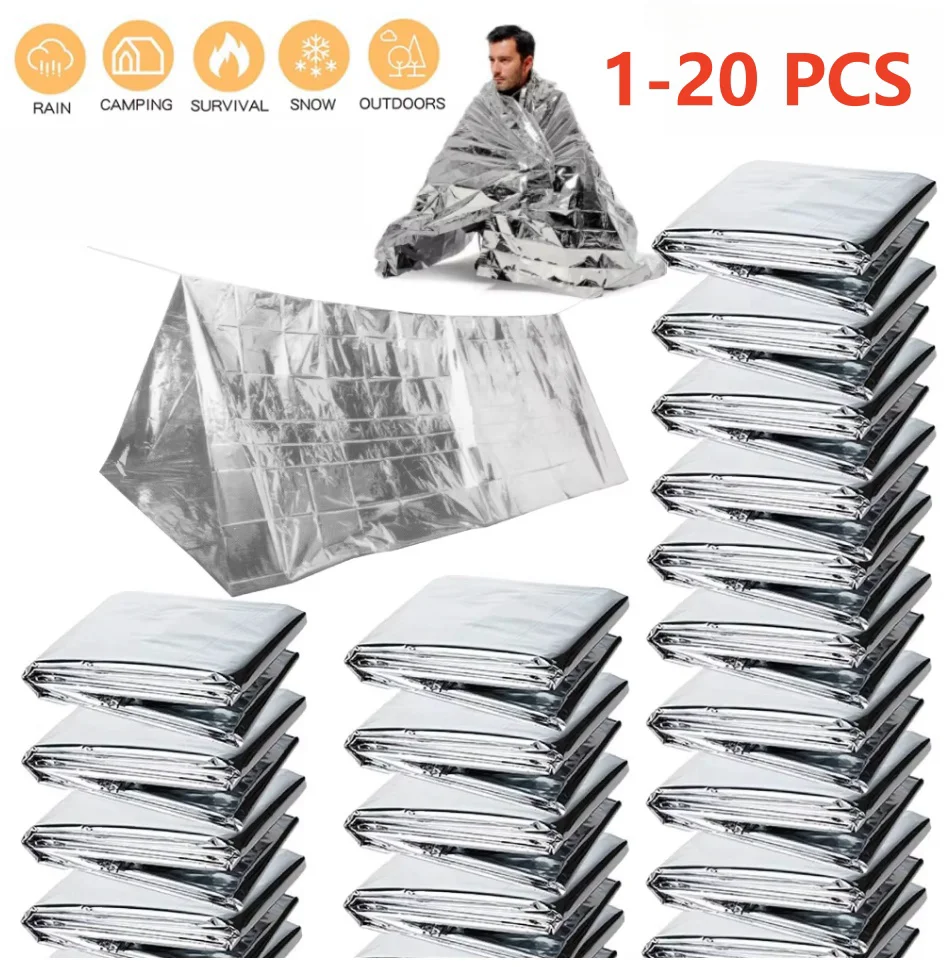 

﻿ Windproof Waterproof Foil Thermal Blanket, 1-20PCS Emergency Survival Gear, First Aid Rescue Kit for Camping Hiking